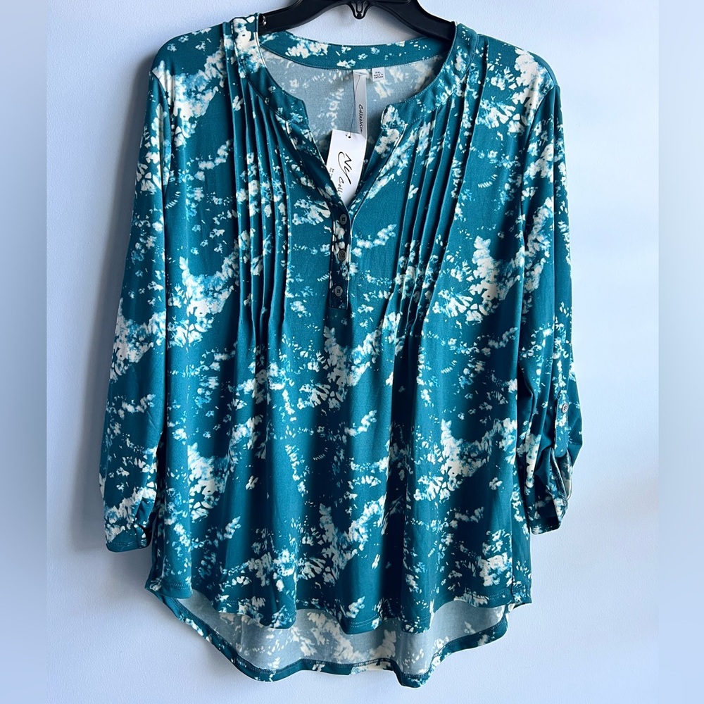 NY Collection Petite Knit Jacquard 3/4 Sleeve Roll Tab Pintuck Top Size XL